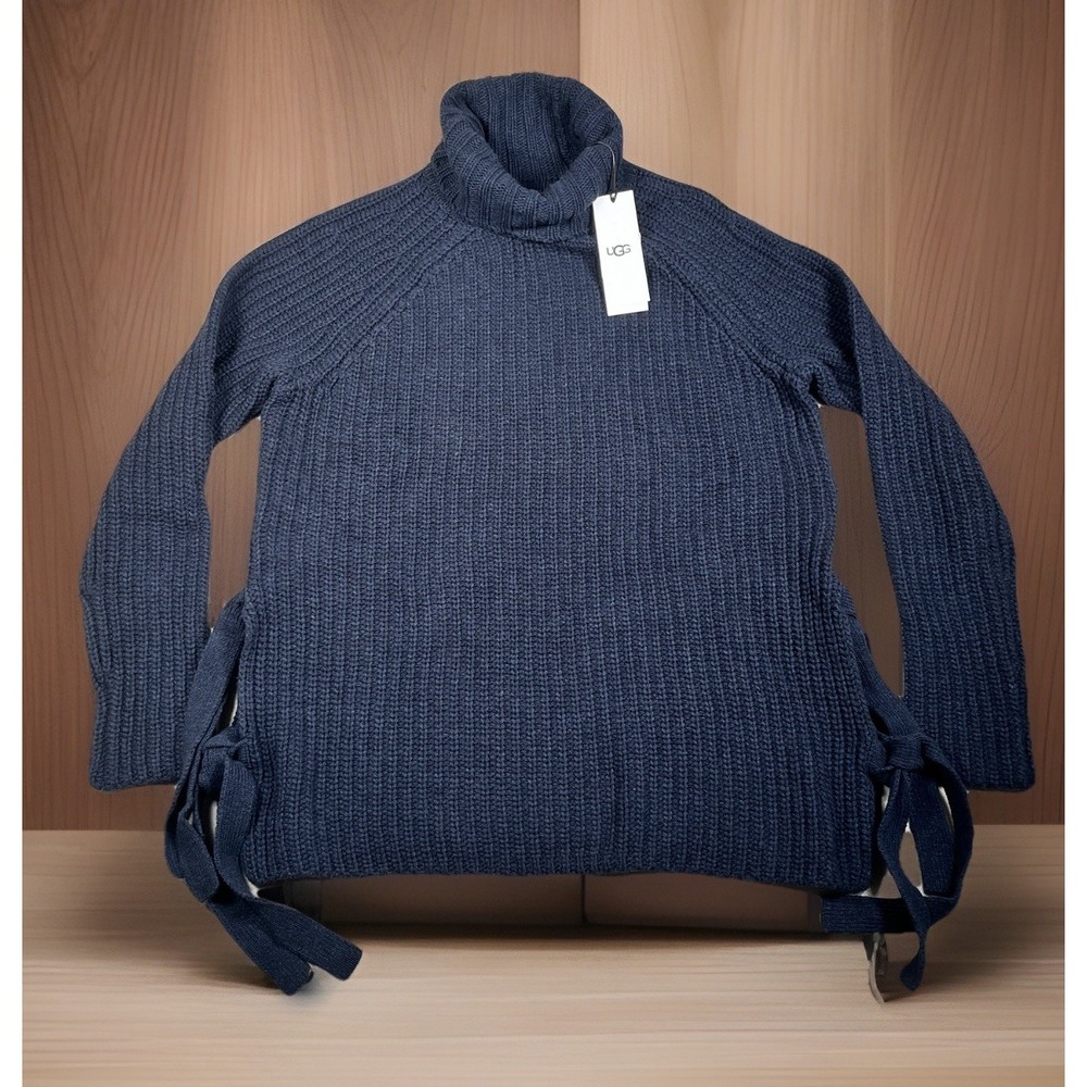 UGG Ceanne Turtleneck Chunky Knit Sweater Sz XS Navy Blue Side Tie S5 NWT $168